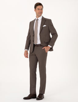 Kahverengi Slim Fit %100 Y_n _izgili Tak_m Elbise