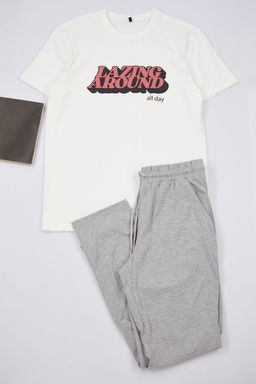 TRENDYOL MAN Ekru %100 Pamuk Regular Fit Bask?l? Orme Pijama Tak?m? TMNAW25PT00009 - Trendyolmilla фото 6