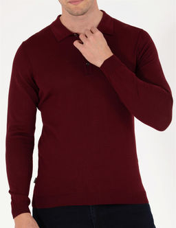 K_rm_z_ Slim Fit Polo Yaka Y_n Kar___ml_ Basic Triko Kazak