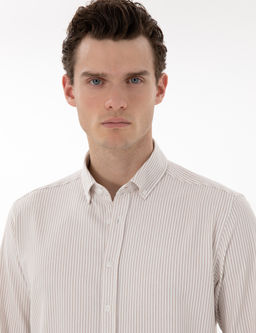 Bej Slim Fit _izgili Uzun Kollu G_mlek
