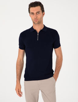 Lacivert Slim Fit Fermuarl_ Polo Yaka Triko T-shirt