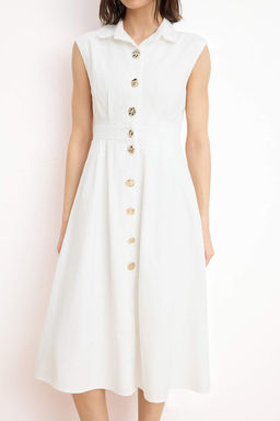 Ekru Dugmeli Midi Dokuma Gomlek Elbise TWOSS26EL00129 - Trendyolmilla фото 3