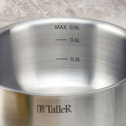 Ковш из нержавеющей стали Lira 0,9л, д14см, h6,8см, s0,5мм, дно д12см, s4мм, стеклянная жаропрочная крышка, стальной обод, пароотвод, силиконовые вставки коричневого цвета, капсулированное дно, полировка внешняя - матовая, внутренняя - матовая, мер - Домашняя мода фото 4