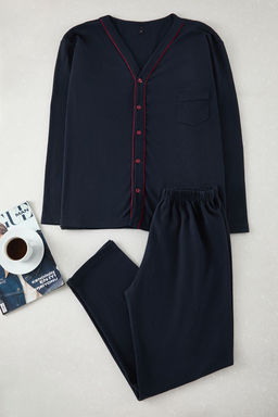 TRENDYOL MAN Lacivert Dugmeli Orme Pijama Tak?m? TMNAW25PT00074