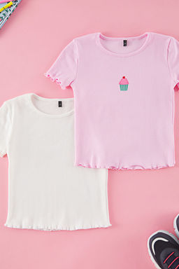 Ekru-Pembe 2li K?z Cocuk Pamuklu Crop K?sa Kol Orme T-Shirt TKDSS25TS00027 - Trendyolmilla фото 6