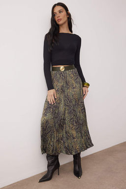Cok Renkli Animal Desenli Kemerli Midi Dokuma Saten Piliseli Etek TWOAW26ET00167 - Trendyolmilla фото 2
