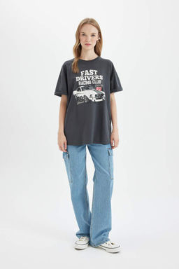 Широкая футболка с короткими рукавами и круглым вырезом оверсайз с принтом - Defacto фото 2