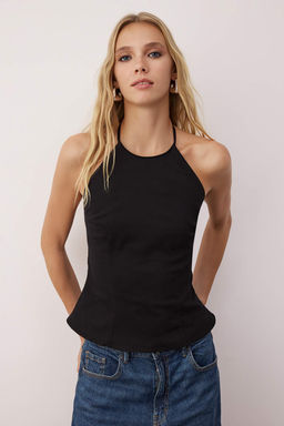 Siyah Pamuklu Ince Gabardin Halter Yaka Dokuma Bluz TWOSS25BZ00536