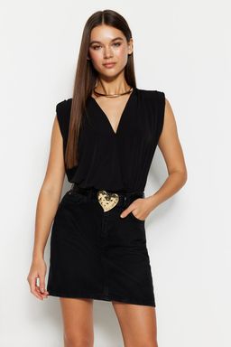 Siyah Vatkal? Kruvaze Yaka Esnek C?tc?tl? Orme Body TWOSS23BD00007