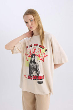 Cool Beetlejuice Oversize-футболка с широким кроем и круглым вырезом с короткими рукавами и принтом - Defacto фото 3