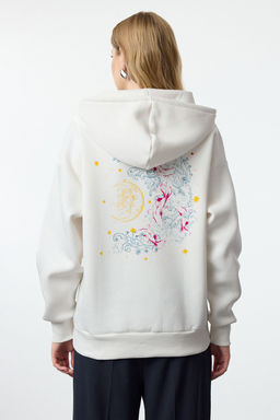 Ekru Kal?n Ici Polarl? Kapusonlu Bask?l? Oversize/Genis Kal?p Orme Sweatshirt TWOAW24SW00136