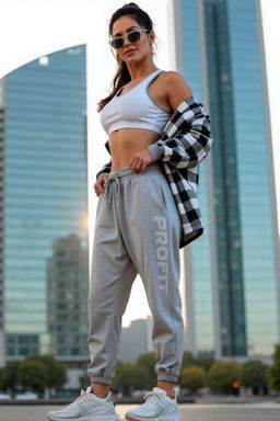 Брюки "бананы" с серым принтом