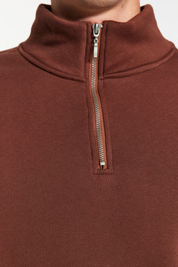 Kahverengi Regular/Normal Kesim Dik Yaka Fermuarl? Pamuklu Basic Ici Polar Sweatshirt TMNAW24SW00041