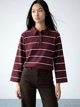 Polo Yaka ?izgili Oversize Kad?n Ti??rt