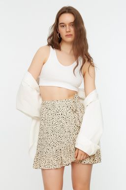 Cok Renkli Bask?l? Volanl? Yuksek Bel Mini Esnek Orme Etek TWOSS21ET0010