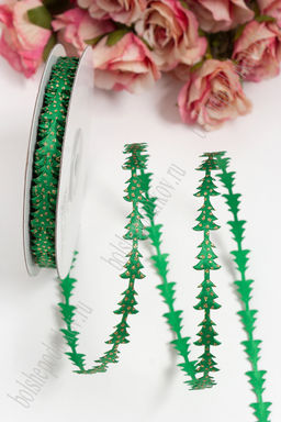 Лента фигурная с блестками 1 см*20 ярд "Елочки" (SF-3483) зеленый/золото