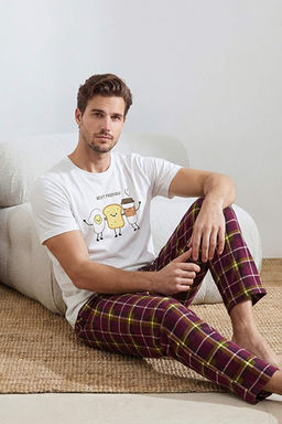 Beyaz Regular Kesim K_sa Kollu Pamuklu Ekose Breakfast Bask_l_ Pijama Tak_m_ TMNSS26PT00006