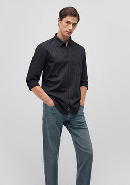 Cizgili Siyah Gomlek - Mavi фото 2