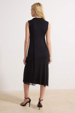 Siyah Animal A-line Dik Yaka Kolsuz Midi Tul Astarl? Orme Elbise TWOSS26EL00103