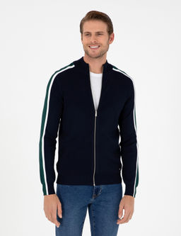 Lacivert Slim Fit Y_n Kar___ml_ Fermuarl_ Triko H_rka