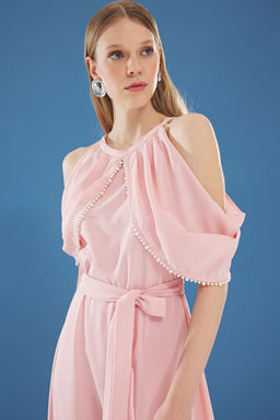 Trendyolmilla Pudra A-Kesim Incili Dokuma Midi S?k Abiye Gece Mezuiyet Elbisesi TPRSS25EL00229  фото 3