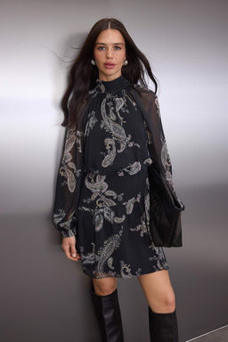 Siyah-Cok Renkli K?sa / Mini Sifon Astarl? Dokuma Elbise TWOAW26EL00273