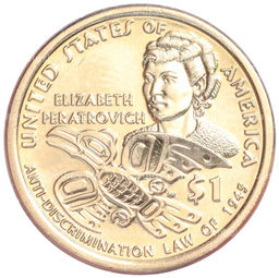 Монета 1 доллар 2020 года D США Коренные американцы (Сакагавея) Элизабет Ператрович и Закон о борьбе с дискриминацией 1945 года