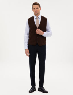 Koyu Kahverengi Slim Fit V Yaka Triko Yelek