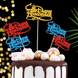 Цена за 5 шт. Топпер С Днём Рождения с тортом 12,58 см Красный 2шт, Синий 2шт, Жёлтый 1шт (5 штук МИКС)