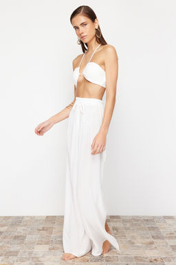 Ekru Dokuma Y?rtmacl? Maxi Plaj Yuksek Bel Pantolon TBESS24PL00013
