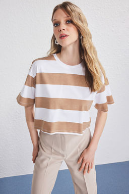 Kahverengi Cizgili Kal?n Pamuklu Bisiklet Yaka Loose Crop/Rahat K?sa Orme T-Shirt TWOSS25TS00193