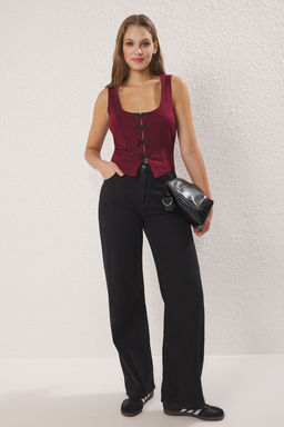 Trendyolmilla Gri Cizgili Kurdele Baglama Detayl? Vucuda Oturan Kare Yaka S?f?r Kol Orme Bluz TWOSS25BZ00147  фото 2