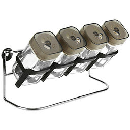 Подставка для специй из нержавеющей стали и пластмассы Ассорти + баночка стеклянная 4шт/120мл, 22,5х7,5х9,5см, в подарочной коробке (Китай)