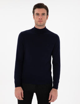 Lacivert Slim Fit Y_n Kar___ml_ Yar_m Bal_k__ Yaka Basic Triko Kazak