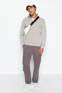 Gri Regular/Normal Kesim Dik Yaka Fermuarl? Pamuklu Basic Ici Polar Sweatshirt TMNAW24SW00041