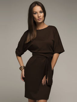 Платье шоколадного цвета длины мини с поясом и рукавом летучая мышь - 1001dress фото 2