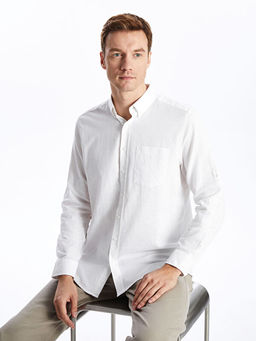 Regular Fit Uzun Kollu Keten Kar???ml? Erkek G?mlek