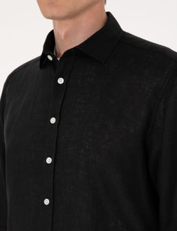 Siyah %100 Keten Regular Fit Uzunkollu G_mlek