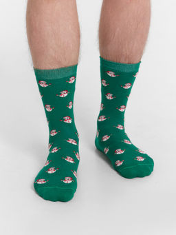 Цена за 5 пар! Носки мужские зеленые с узором "Снеговички"