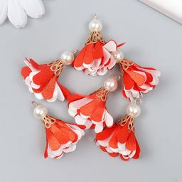 Декор текстиль Цветок 2 с жемчужиной. Красный и белый, набор 6 шт., 3 см