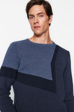 Trendyolmilla Man Indigo Slim Fit Pamuklu Bisiklet Yaka Renk Bloklu Triko Kazak TMNAW24KZ00024  фото 2