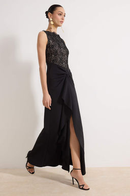 Siyah Dantel Detayl? Dokuma Maxi Abiye & Mezuniyet Elbisesi TPRSS26AE00003 - Trendyolmilla фото 2