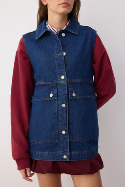 Koyu Mavi Gomlek Yaka Cep Detayl? %100 Pamuk Denim Yelek Ceket TCTAW22CK0006
