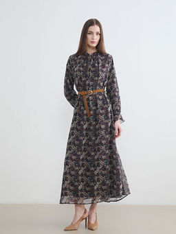 Dik Yaka Desenli Kemerli ?ifon Elbise