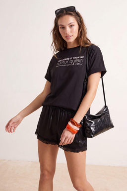 Siyah Slogan Oversize/Geni_ Kal_p D___k Kol K_sa Kollu %100 Pamuk _rme T-Shirt TWOSS26TS00118 - Trendyolmilla фото 3