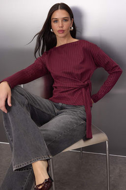 Bordo Cizgili Baglama Detayl? Uzun Kol Kay?k Yaka Orme Bluz TWOAW26BZ00326