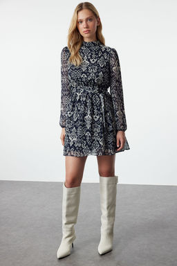 Lacivert Kusakl? Etegi Volanl? Boho Astarl? Sifon Mini Dokuma K?sl?k Elbise TWOAW24EL00665