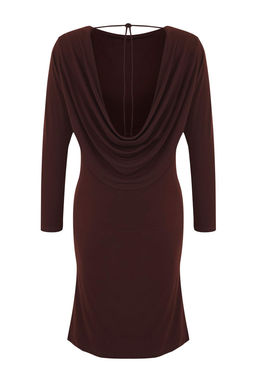 Limited Edition Kahverengi S?rt Dekolteli Mini Bodycon Uzun Kollu Esnek Orme Elbise TWOAW26EL00124