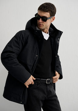 Kapusonlu Siyah Parka - Mavi фото 2