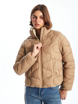 Dik Yaka Kendinden Desenli Kad?n ?i?me Mont